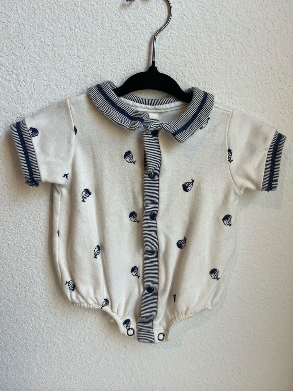 Vintage Starting Out Cream and Navy Sailboat Collared One-Piece